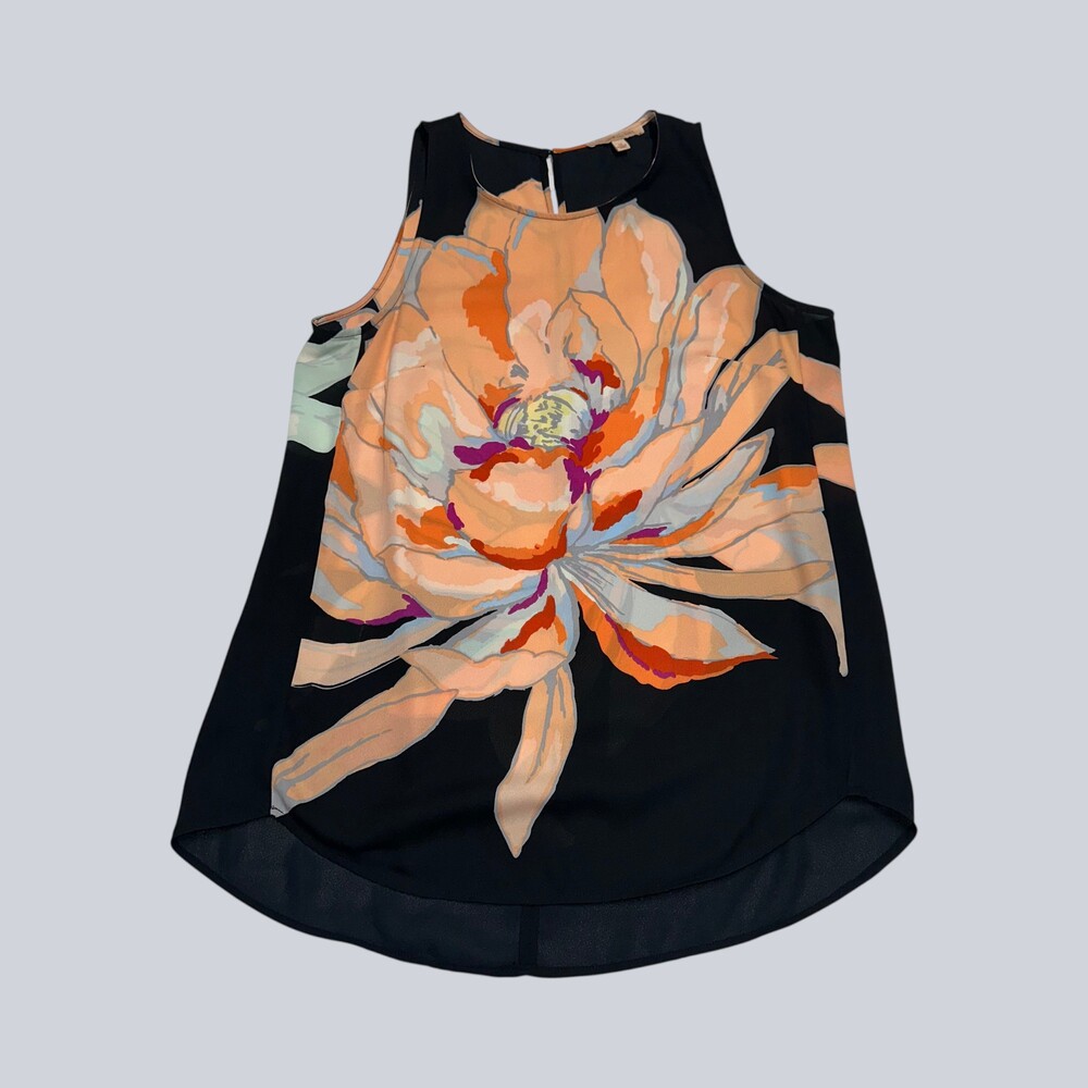 Gibson Latimer Floral Blouse M Black Peach Oversized Flower Sleeveless